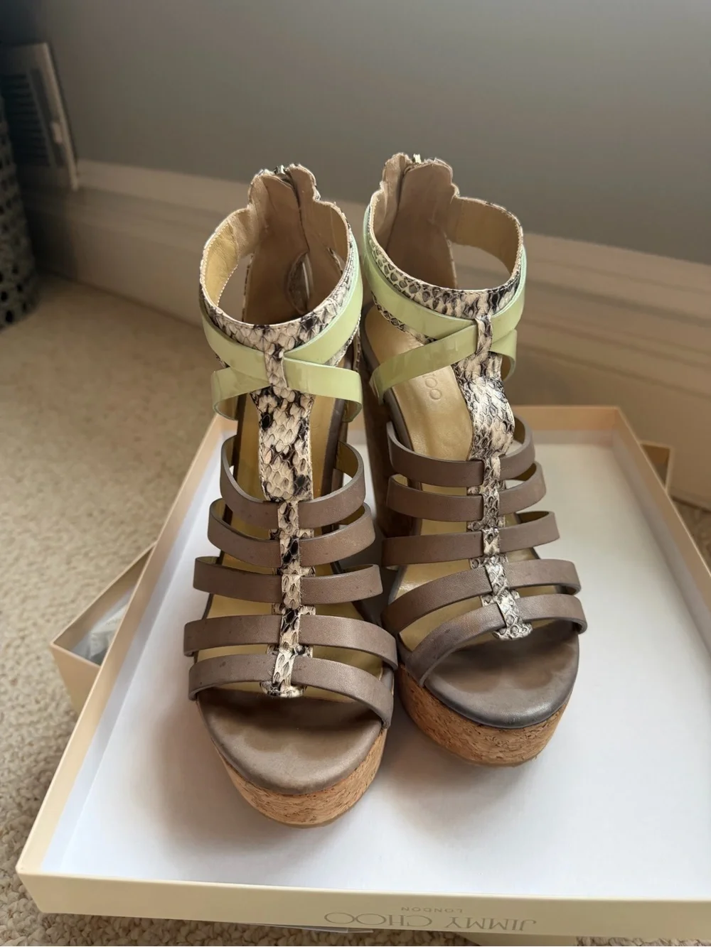 Jimmy Choo Pale Green and Gray Snake-Trim Cork Wedge Sandals